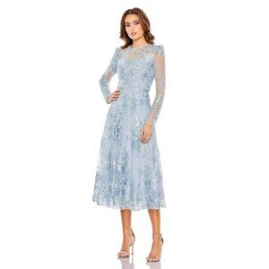 Mac Duggal Plus Size 22 Blue 68020 Embellished Illusion Long Sleeve Midi Dress
